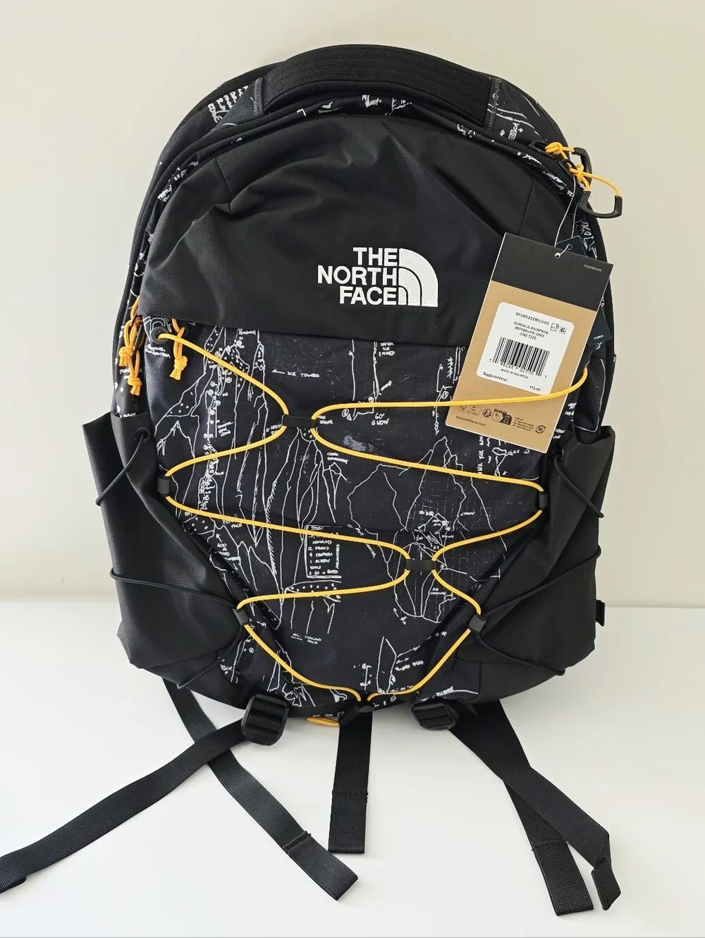 The North Face Borealis Anthracite Grey Backpack with Yellow Bungee Accents